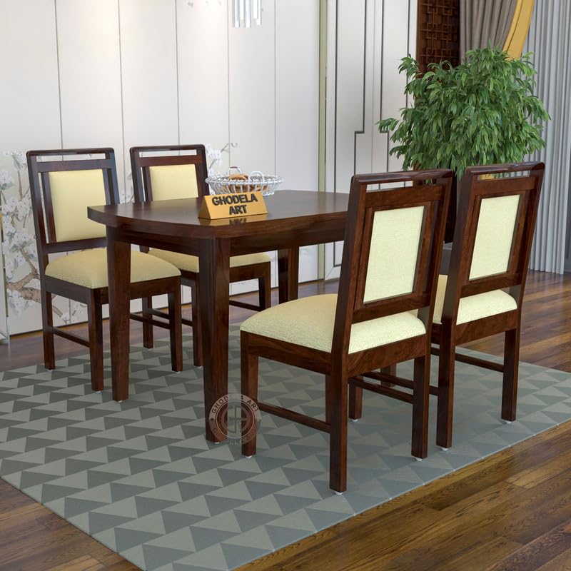 Image of Sheesham Wood Oval Dining Table with Cushion Chairs Set for Home Hall | Solid Wood Dinner Table with Chairs for Hotels | Dining Room Sets (Walnut Finish 1, 4 Seater)