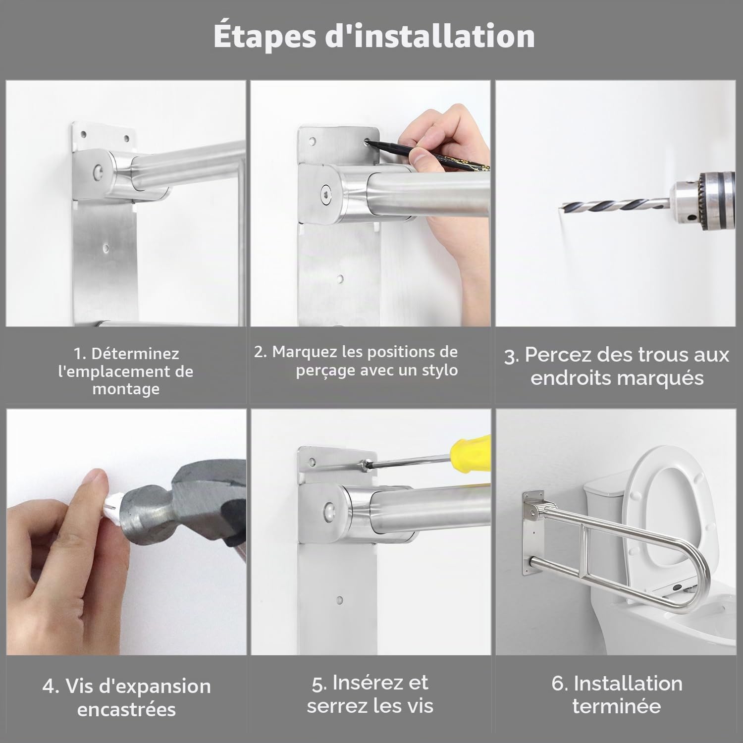 Barre d'Appui WC Handicapé, 60cm, Pliable, Acier Inoxydable