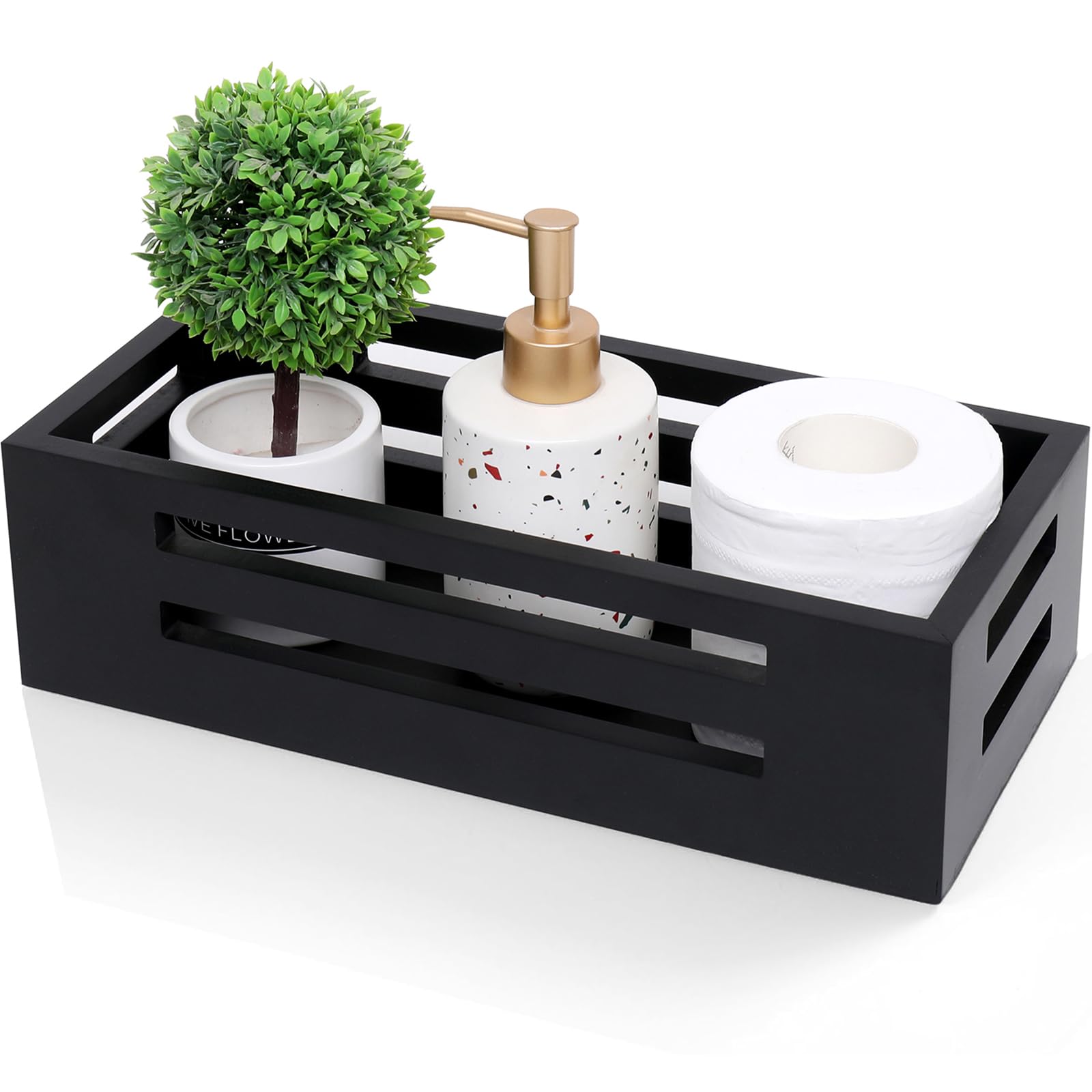 HYLEHE Black Decor Box Bathroom Toilet Tank Basket Topper,Wooden Toilet Tank Paper Basket with Handles for Organizing,Black Bathroom Decor Box for Toilet Paper Storage