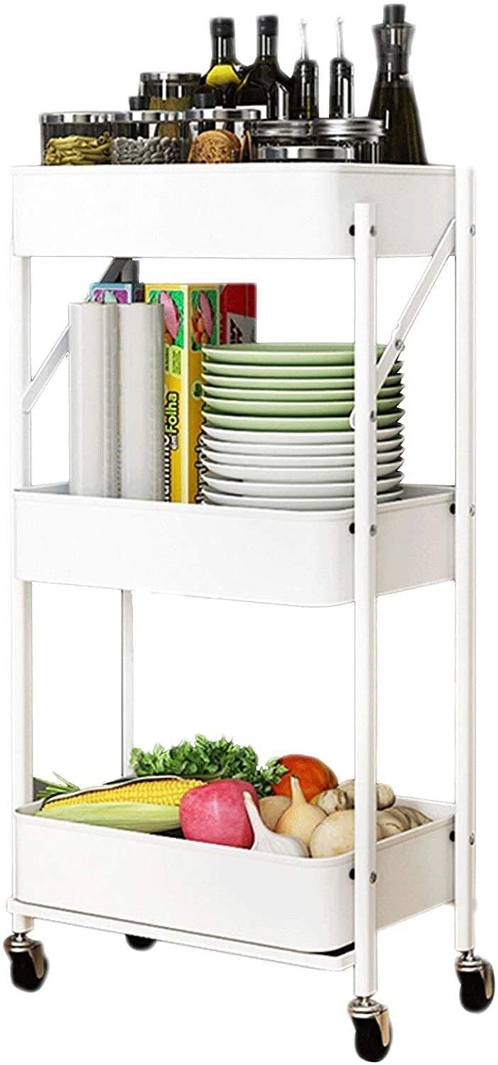 Mueble auxiliar plegable blanco de 3 estantes con ruedas para suelo de casa