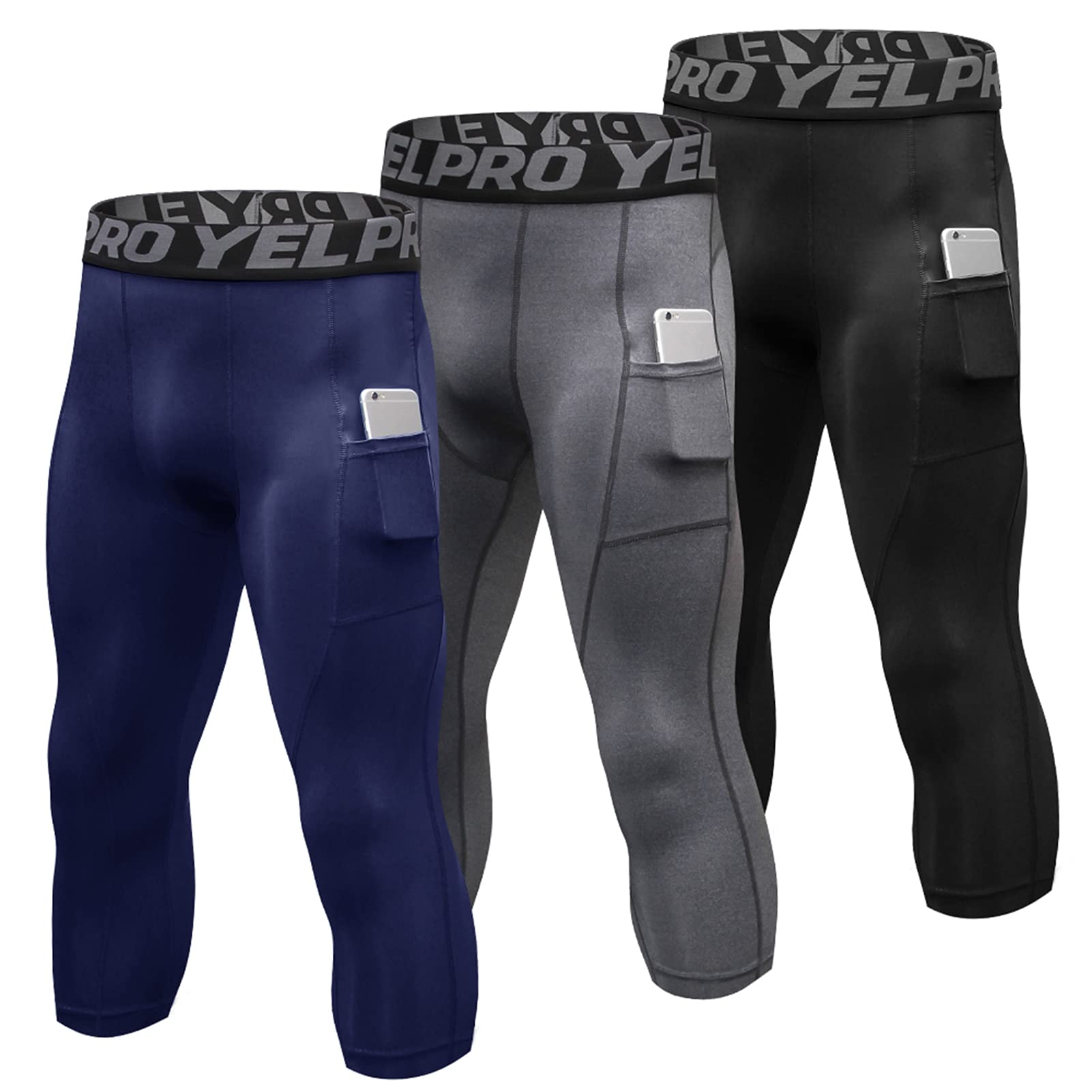 homgeel 3 Packs Men High Waist Yoga Pants Quick Dry Sports Pants Fitness Leggings Workout Pants with Pocket Black x Grey x Dark Blue-picture-27