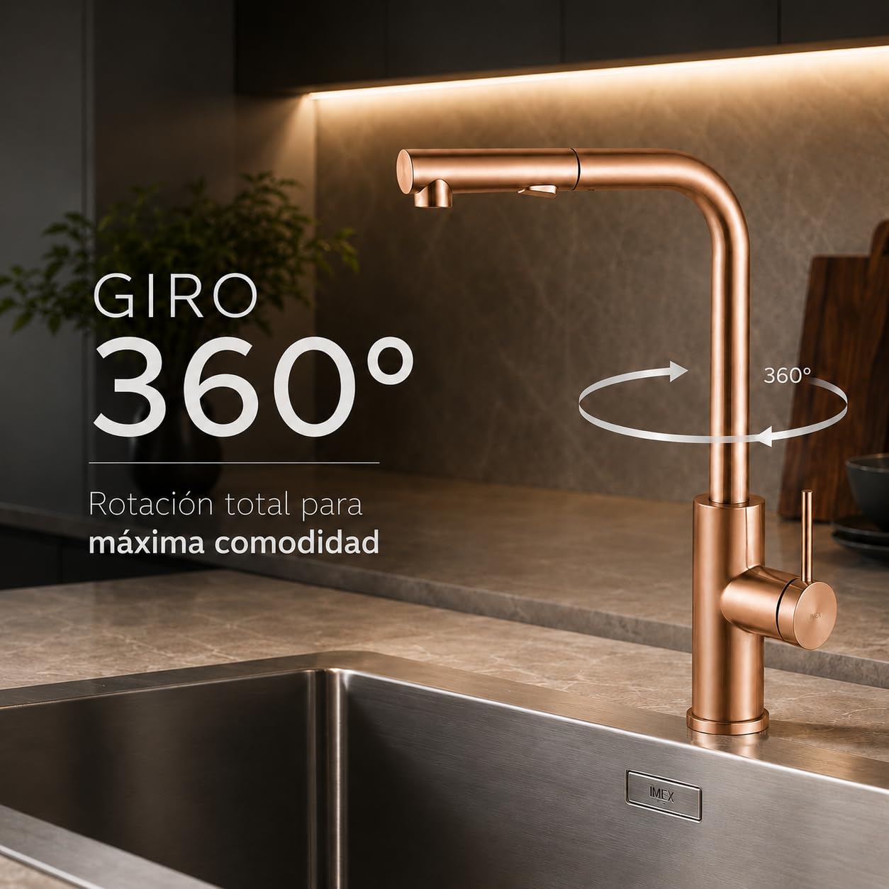 Grifo Cocina Extraíble con Doble Función | Grifo Fregadero Cocina Monomando Flexible y Giro 360° | Grifería Cocina IMEX Oporto (Oro rosa cepillado)