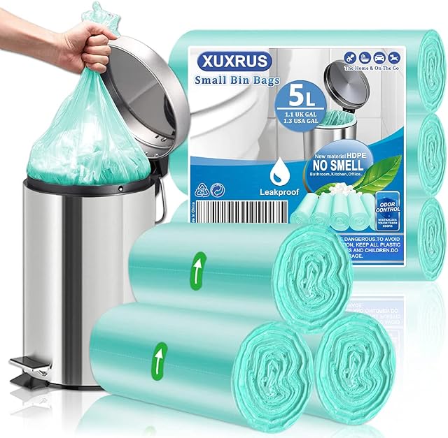 XUXRUS 5l Bin Bags,Pedal Bin Liners,Small Bin Liners,60 Counts Plastic Garbage Bags Wastebasket Toilet small Bin Liners for Bathroom Liners Bedroom Office,Fit 5 6 7 8 Liter,Light Green