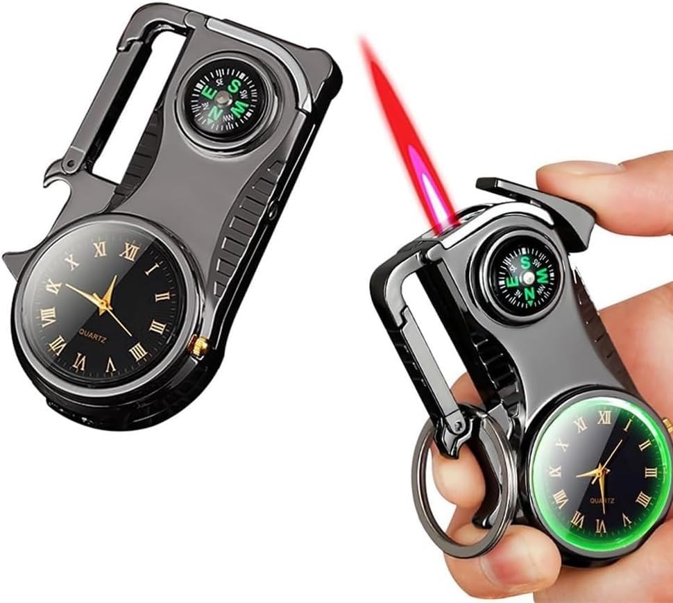 Encendedor llavero con dial reloj, llama roja y brújula miniatura 1