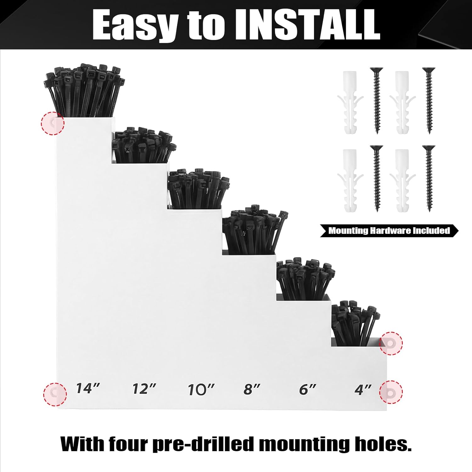 Cable Zip Tie Storage Holder Rack Metal Zip Tie Organizer Wall Mount Pockets with Screws for Workshop Shed Garage Home Ties, Ties and Tools Not Include(White,14 x 13 Inch,6 Pockets)
