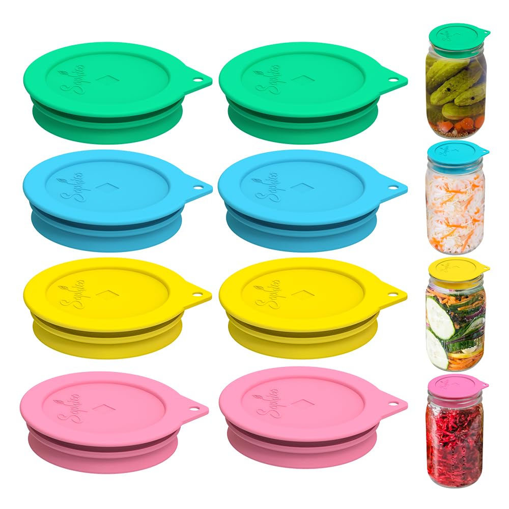 Sophico Silicone Fermenting Lids, Waterless Airlock Fermentation Tops Mason Jar Lid Fermenter Caps for Pickles, Kimchi, and Fermented Probiotic Food - 8 Pack, Wide Mouth (Jars Not Included)