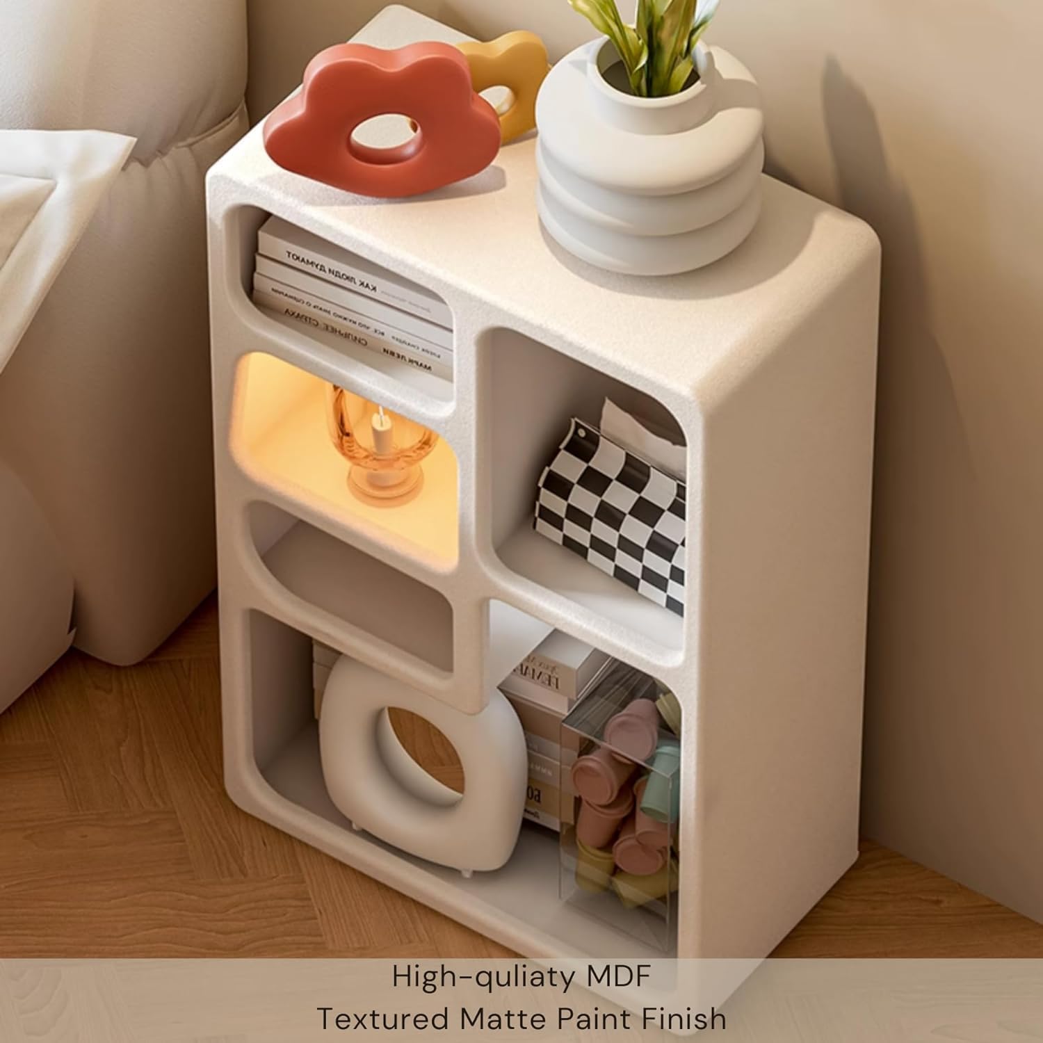 Modern White Nightstand with Storage, Stylish Bedside Table with Open Shelf, Versatile End Table for Bedroom, Living Room & Dining Room, Space-Saving Side Cabinet