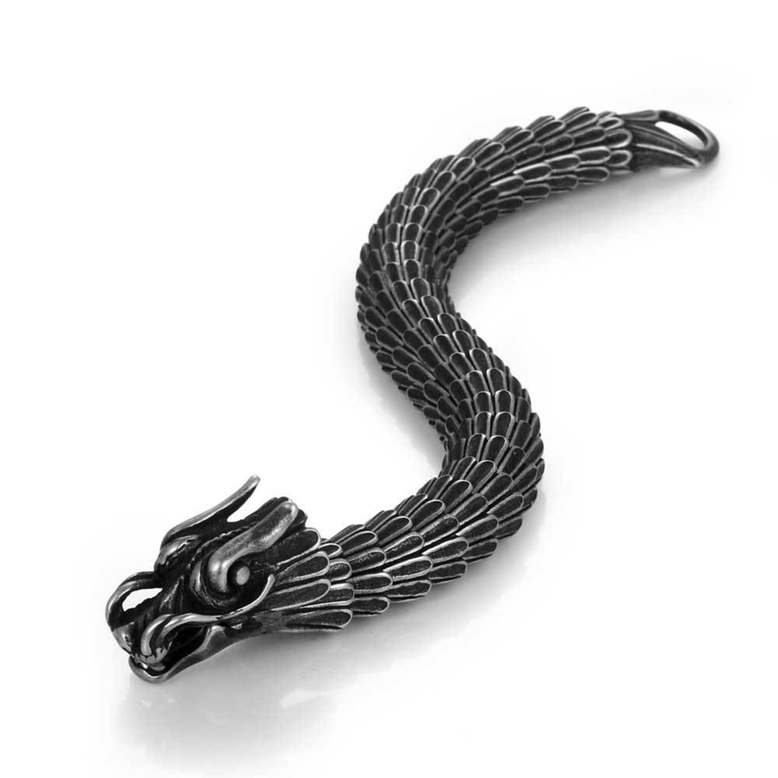 Bracelet Homme Dragon Noir Acier Inoxydable, Chaîne Large 15.2mm Punk Fantaisie