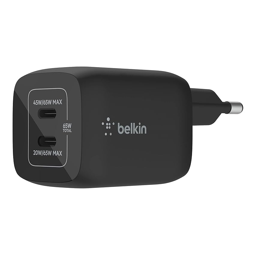 Belkin Doppio caricabatteria da parete USB-C da 65 W, ricarica rapida PD 3.0, caricatore USB C con tecnologia GaN per iPhone 16, 15, 14, 13, Pro, Pro Max, iPad, MacBook, Galaxy S24, S23, Tab e altri