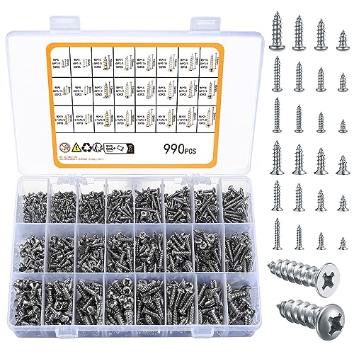 Zxglxinyao 990pcs Self Tapping Screws Assortment Set, M3/M4/M5/M6 Stainless Steel Sheet Metal Screws, Phillips Drive Wood ScrewsSet for Deck Drywall Concrete Screws(500pcs Flat Head, 490pcs Round Hea)