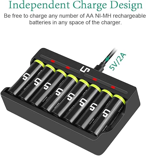Miniatura 5 de Paquete de cargador de batería AA, cargador LP de 8 ranuras y batería recargable AA Ni-MH de alta capacidad de 2800 mAh con carga USB, adecuado para