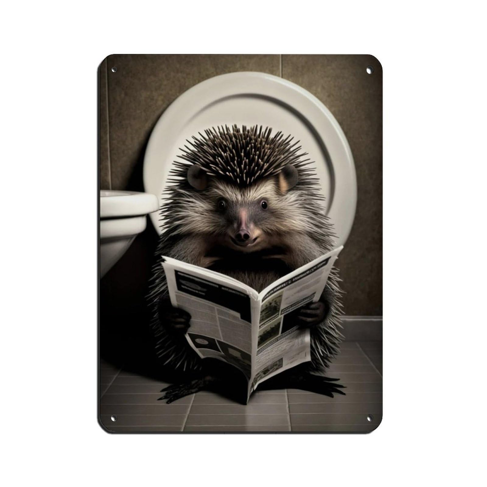 Porcupine Sitting on The Toilet Reading A Newspaper Retro Poster Metal Tin Sign Chic Art Retro Iron Painting Bar People Cave Cafe Family Garage Poster Wall Decoration 12x16inch(30x40cm)