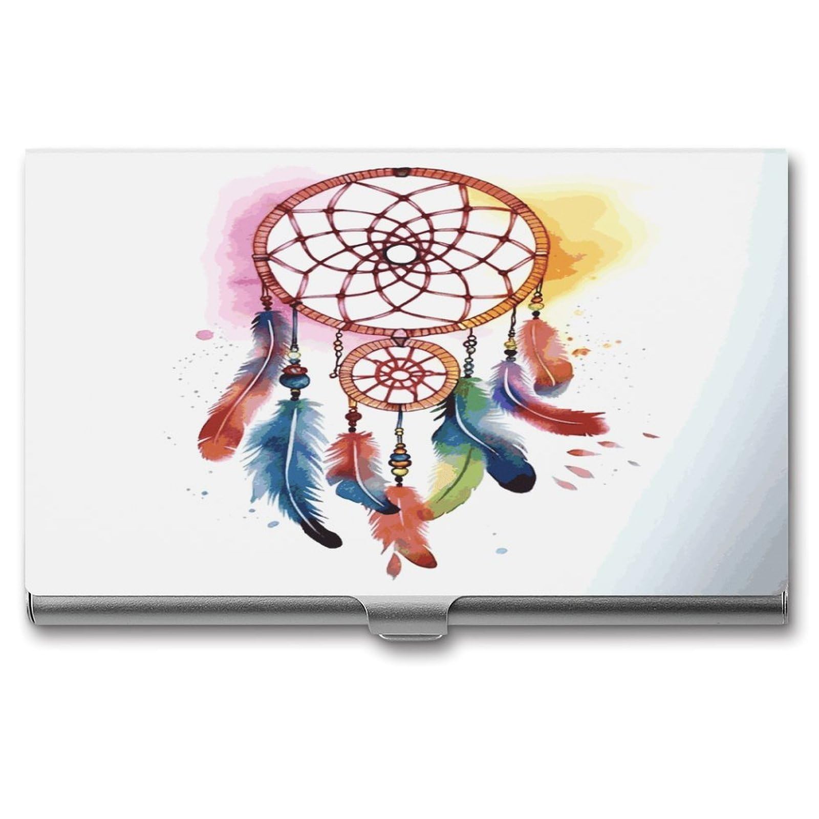 LDGSUPH Watercolor Dream Catcher Business Card Holder Fashion Slim Name Card Holder Minimalist Design Case Metal Card Carrier Personalized Business Card Case with Flip for Men Women