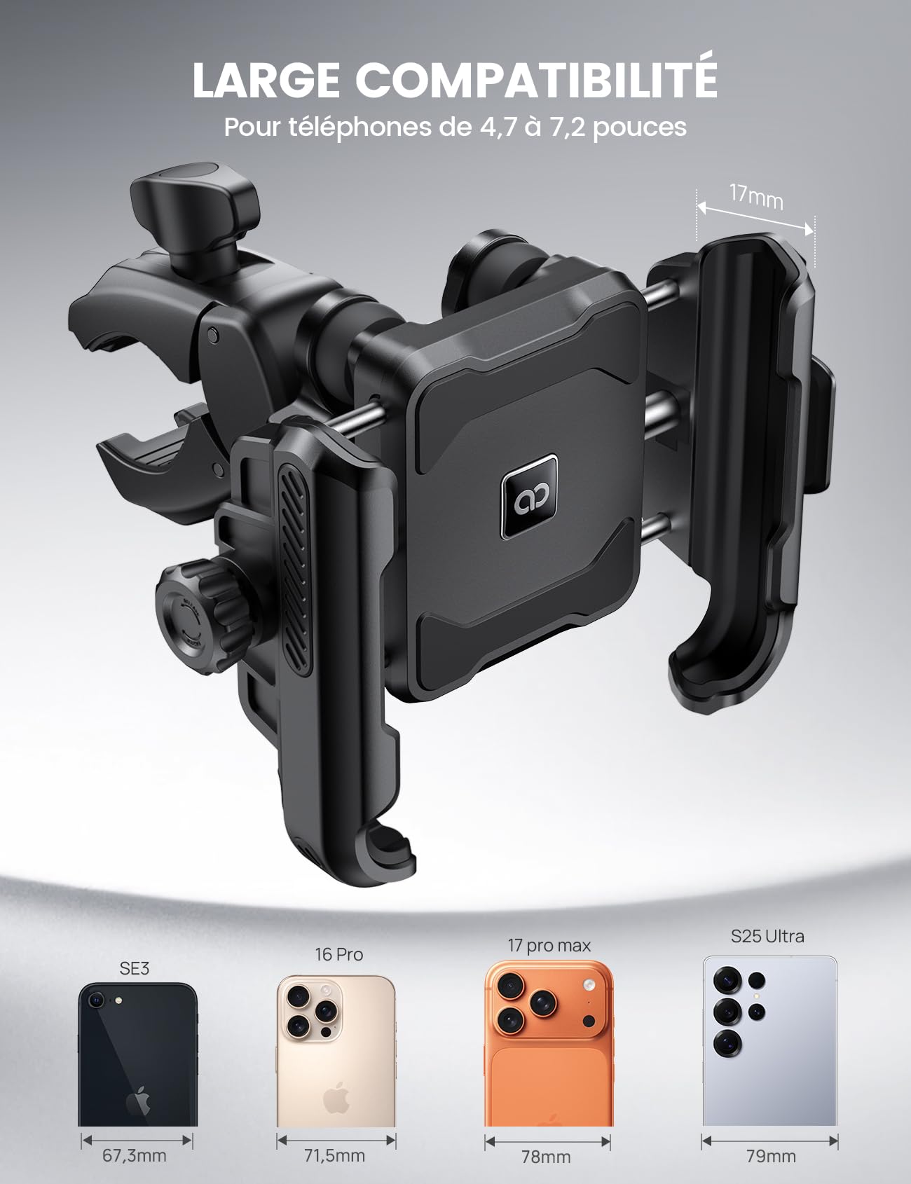 Lamicall Support Téléphone Moto, Porte Téléphone Vélo – [Ne Bloque Pas la Caméra] [Double Amortisseur] 1S Verrouillage, 360° Rotation, Support Guidon Universel pour iPhone et Autres 6-7,2" Smartphones
