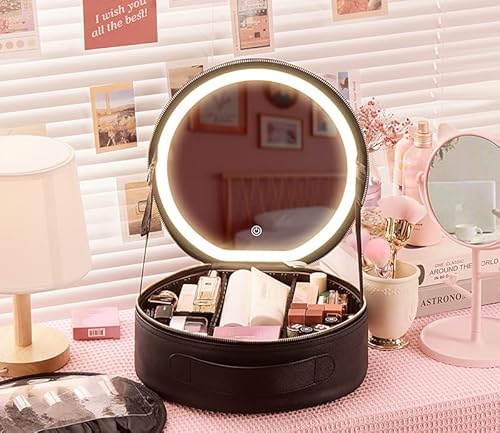 Necessaire de viagem com LED espelhado, linda bolsa de maquiagem de viagem para mulheres e meninas,