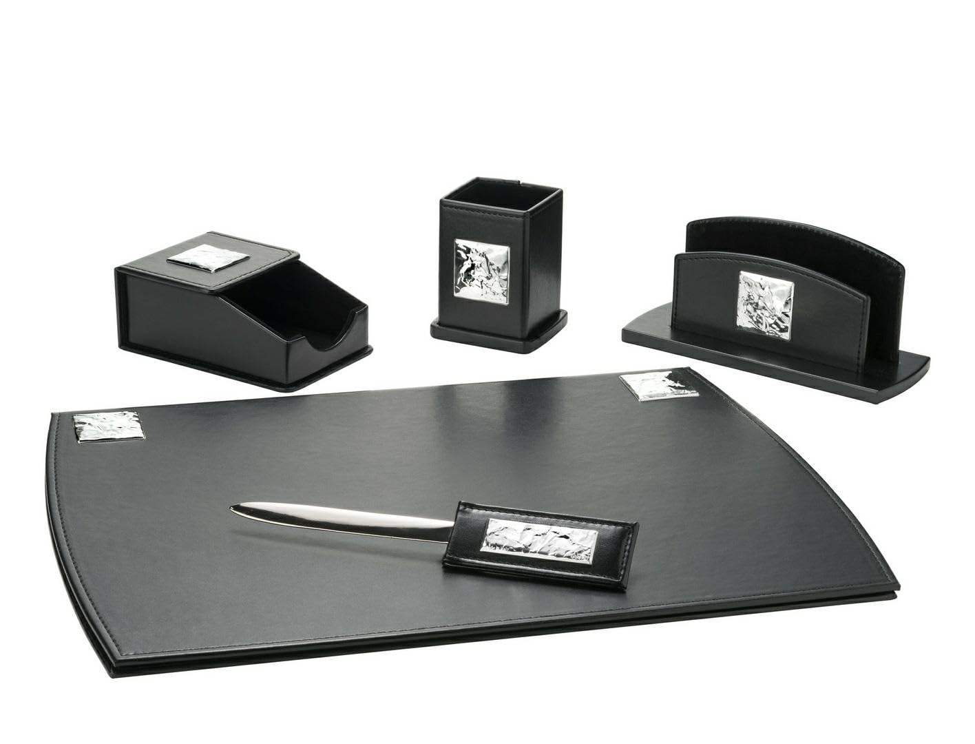 Set da Scrivania in Ecopelle, 5 Pezzi, Nero con Placche in Argento PVD, Include Sottomano, Portalettere, Portapenne, Tagliacarte e Porta carte