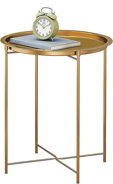 HOME BI Round End Table, Tray Metal End Table, 17.7 Inch Bedside Table, Indoor Modern Sofa Side Table, Outdoor Snack Table, Metal Tabletop with Sturdy Metal Frame, Gold