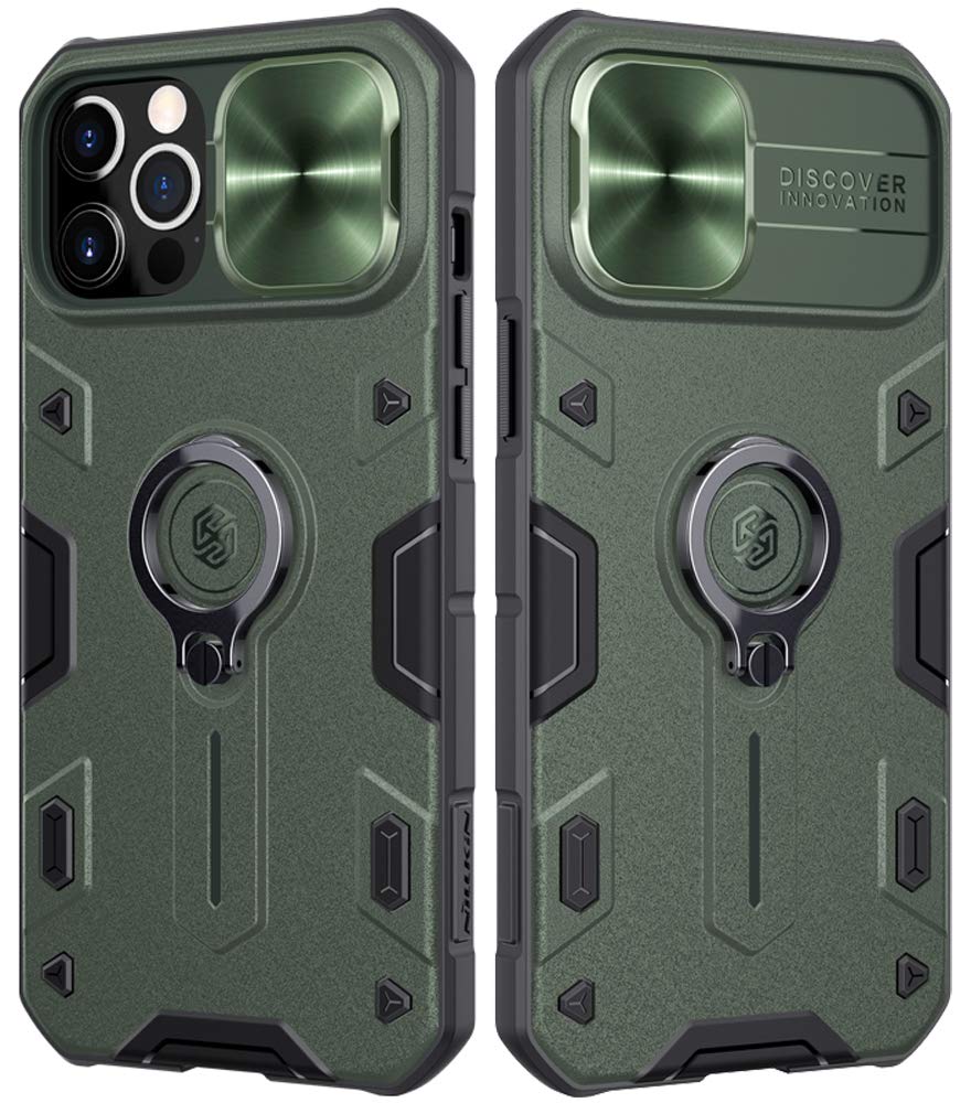 EzanmullCompatible with iPhone 12 Pro Max Case with Stand Kickstand Ring and Camera Cover, Armor Shockproof Military Hard PC & TPU Bumper Hybrid Protective Cover for iPhone 12 Pro Max 6.7" (Green)