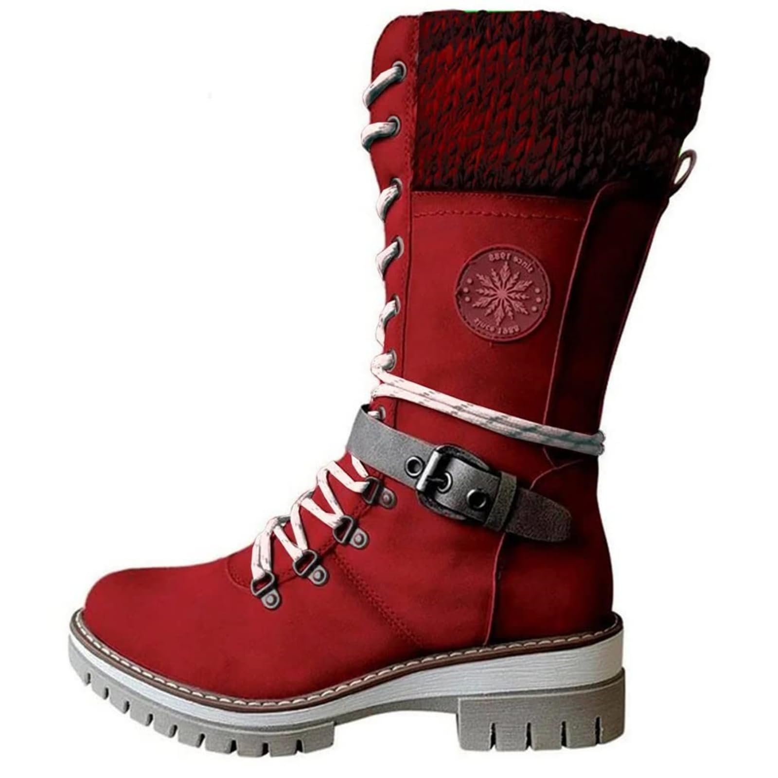 Mid Calf Snow Boots for Women Faux Fur Warm Thermal Platform Boots Zipper Buckle Lace Knitted Booties Comfortable