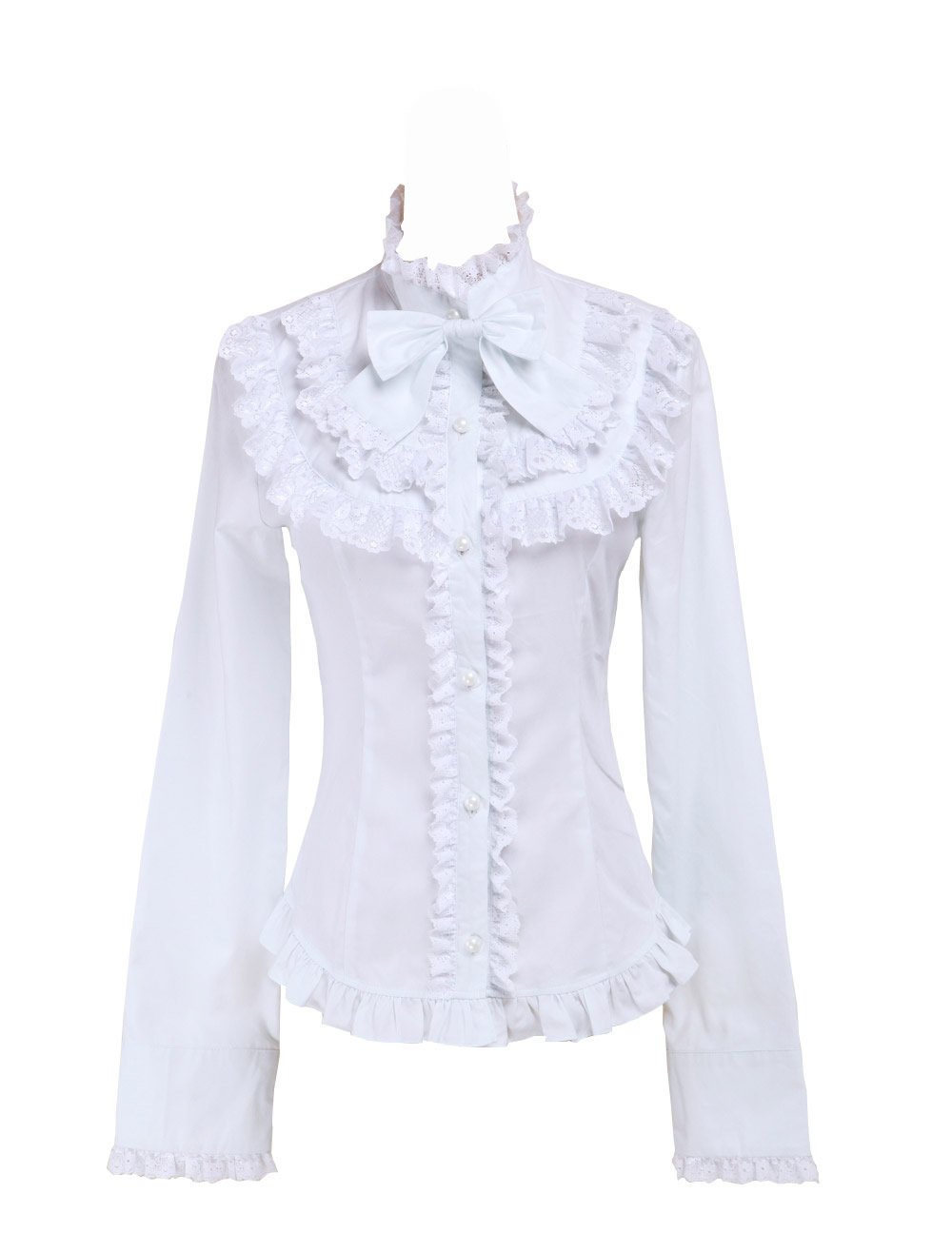 Antaina Weiß Baumwolle Rüsche Spitze Querbinder Süß Viktorianisch Lolita Hemd Bluse,MEHRWEG