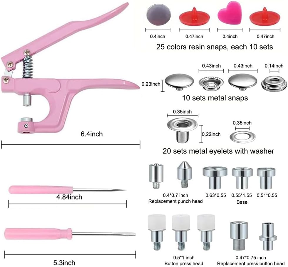 LZBRDY Snap Buttons and Pliers Set - 280 Sets T3 T5 T8 Resin & Metal Snap Fasteners with Installation Tool, Complete Kit for Sewing, DIY Clothes, Hats, Bags, Fabric and Crafts (Pink Snap Button Kit)