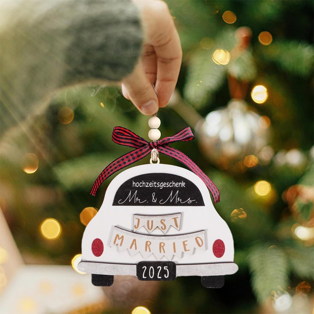 Just Married Ornament 2025 – 3D Holz-Deko Mit Gravur Für Brautpaare, Auto-Hängeornament In Blau
