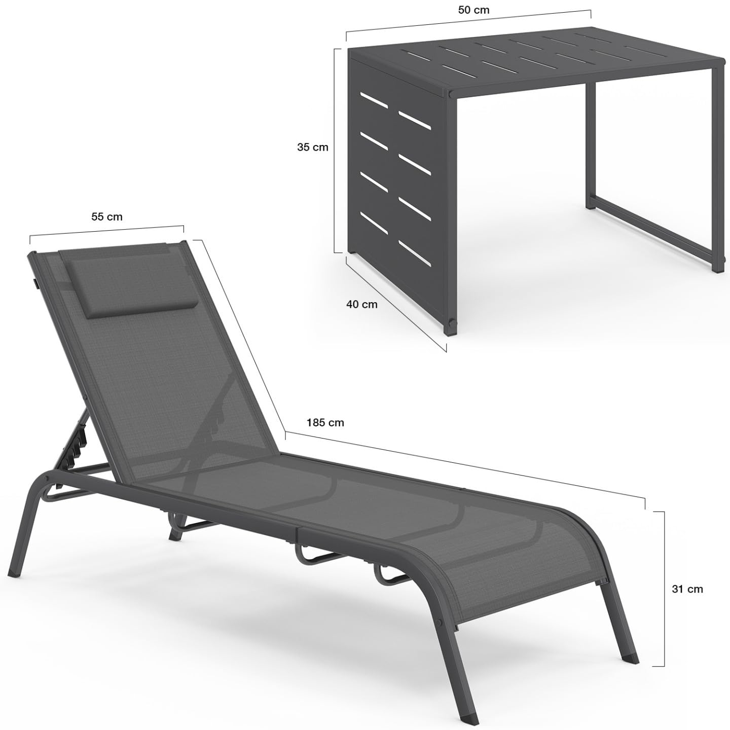 IDMarket - Juego de 2 tumbonas de jardín reclinables Bora con mesa auxiliar modular de acero gris antracita y lona gris