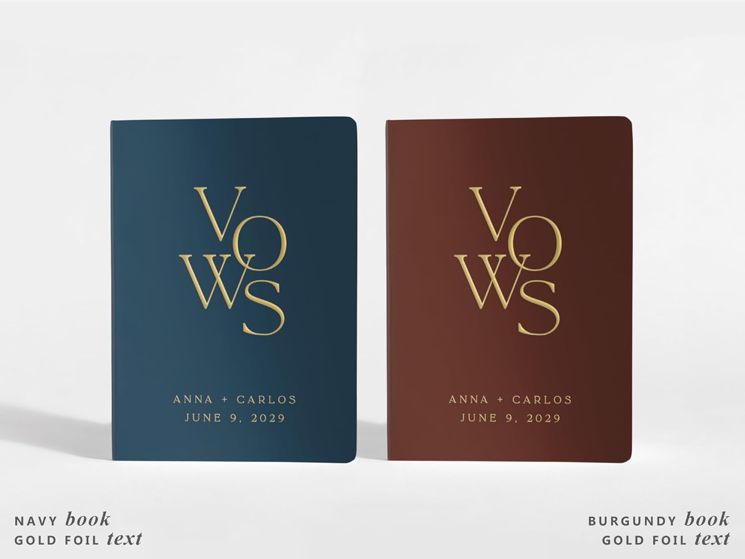 Navy and Burgundy Wedding Vow Books, His and Her Journals, Custom Gold Lettering, Personalized Names and Date, Modern Design Set