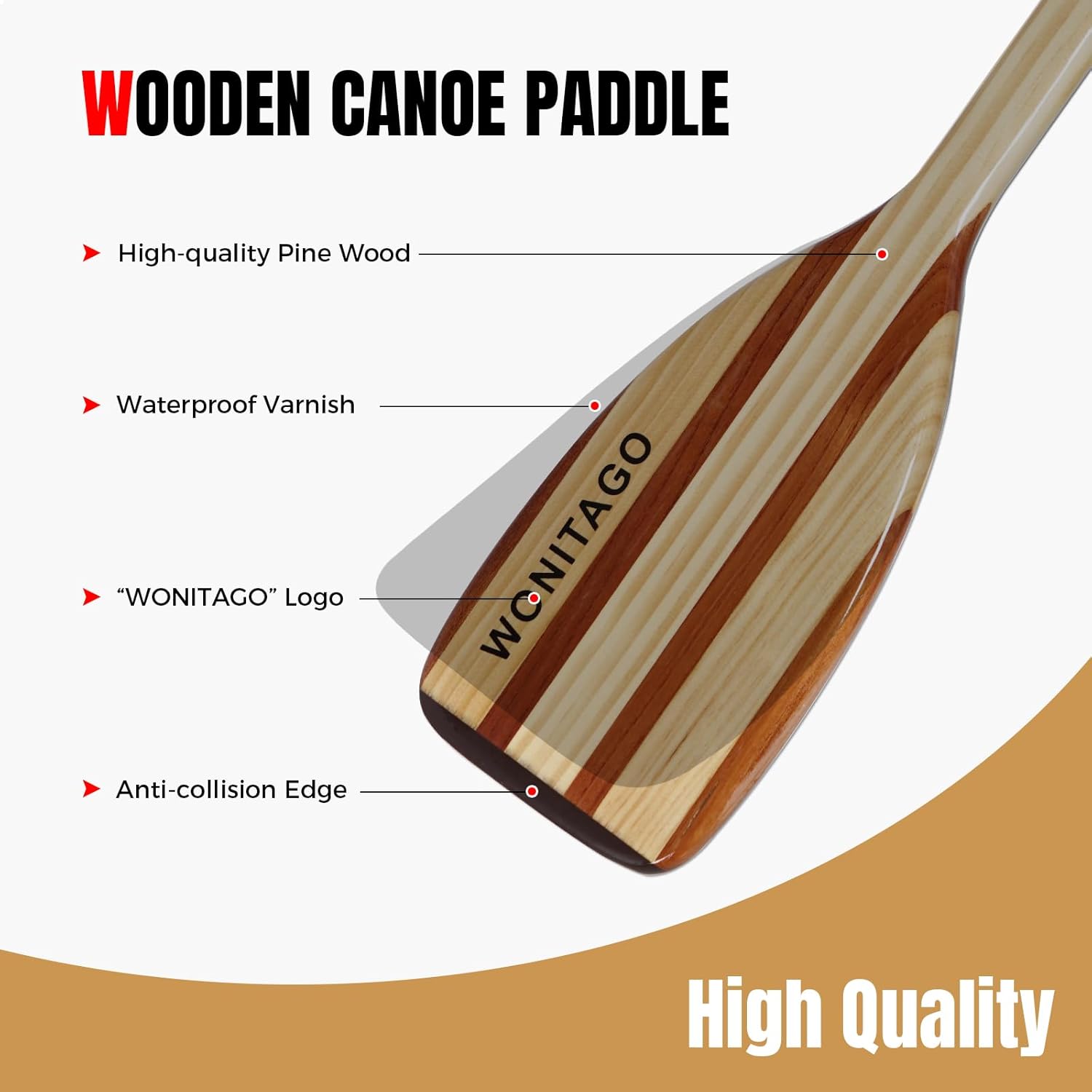 Wooden Canoe Paddle with Ergonomic Palm Grip and Anti-Collision Edge, Floating Wood Canoe Boat Paddle