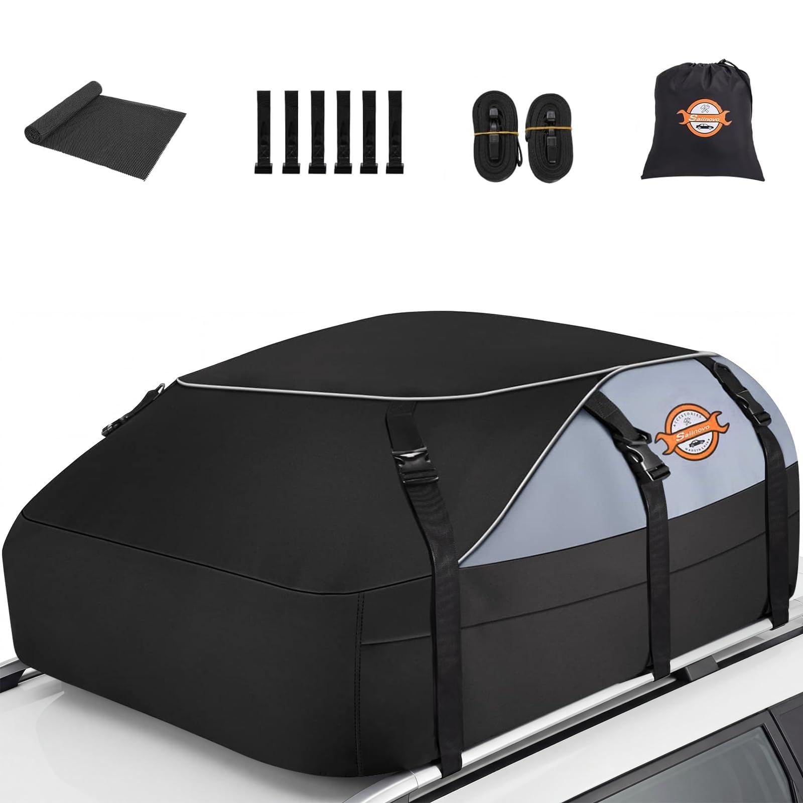 Sailnovo Borsa da tetto per tettuccio auto, impermeabile fino a 20 metri cubi, si adatta alla maggior parte dei veicoli con/senza portapacchi, include tappetino antiscivolo, 6 cinghie rinforzate, 6