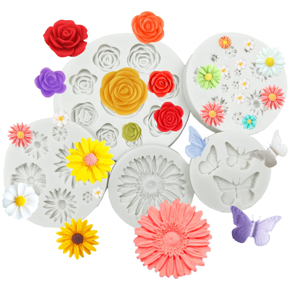 Flower Silicone Fondant Molds, 5pcs Butterfly Daisy Rose Chrysanthemum Flower Silicone Mould Candy Chocolate Molds for DIY Cake Cookie Pudding Gum Paste Cupcake Cake Topper Decoration Desserts Sugar
