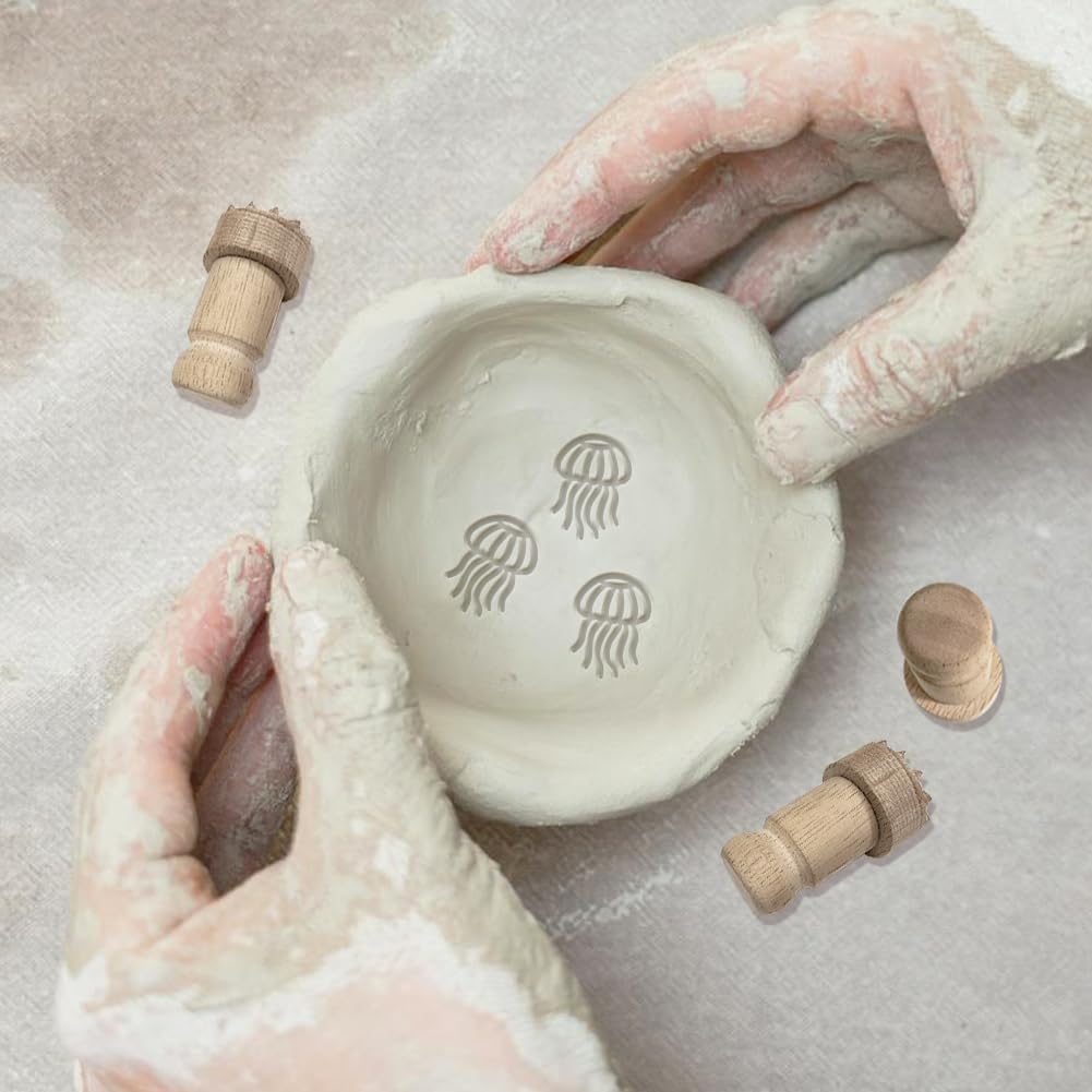 OLYCRAFT Wood Stamps with Handle 4.3x2.3cm Jellyfish Round Stamp Wooden Pottery Stamps for Card Making DIY Craft Letter Diary and Scrapbooking - Image 4