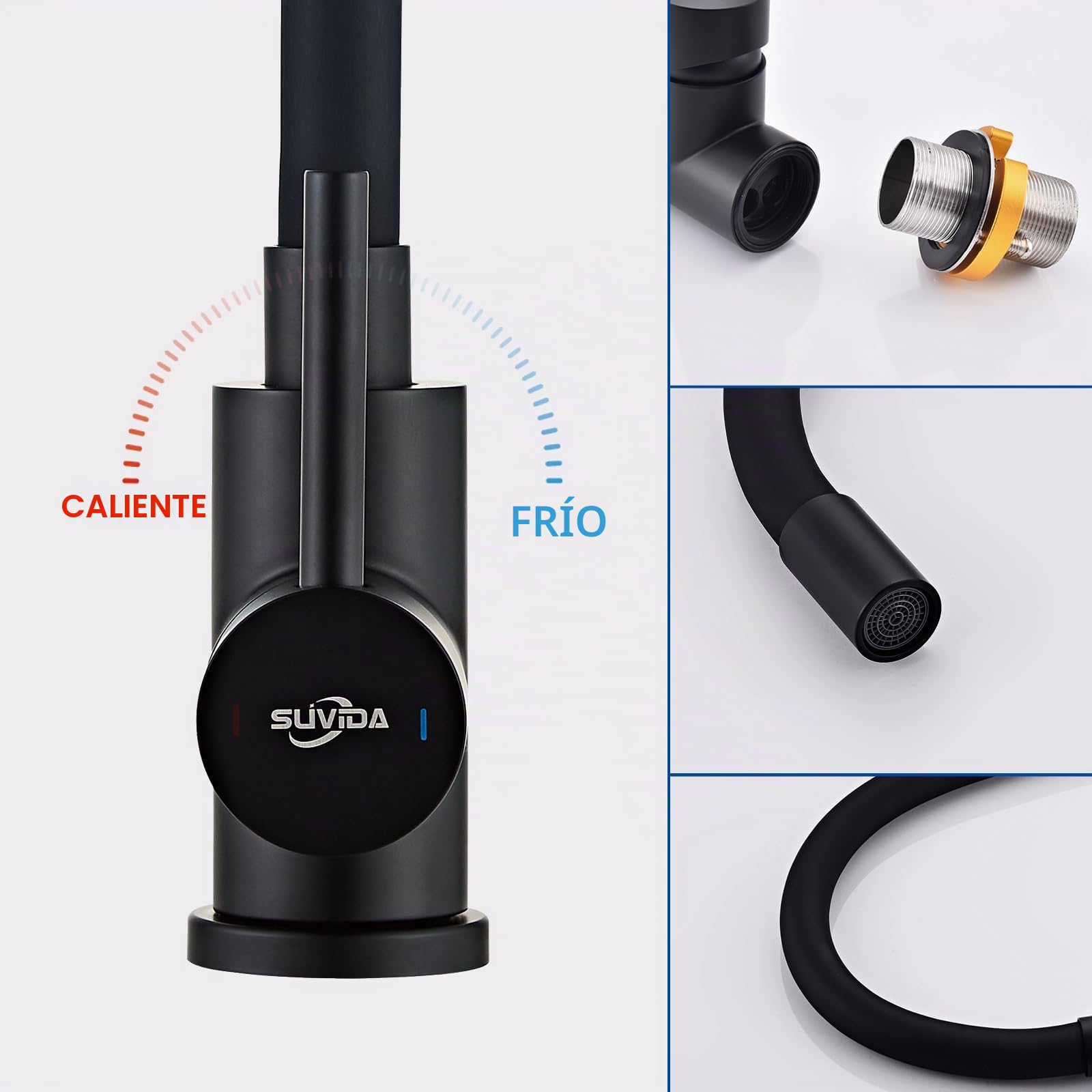 Grifo Fregadero Cocina Negro, Grifo Cocina Flexible, Mezclador Cocina Giratiorio a 360°, Monomando de Alta Presión, Grifos Cocina de Acero Inoxidable, Ahorro de Agua