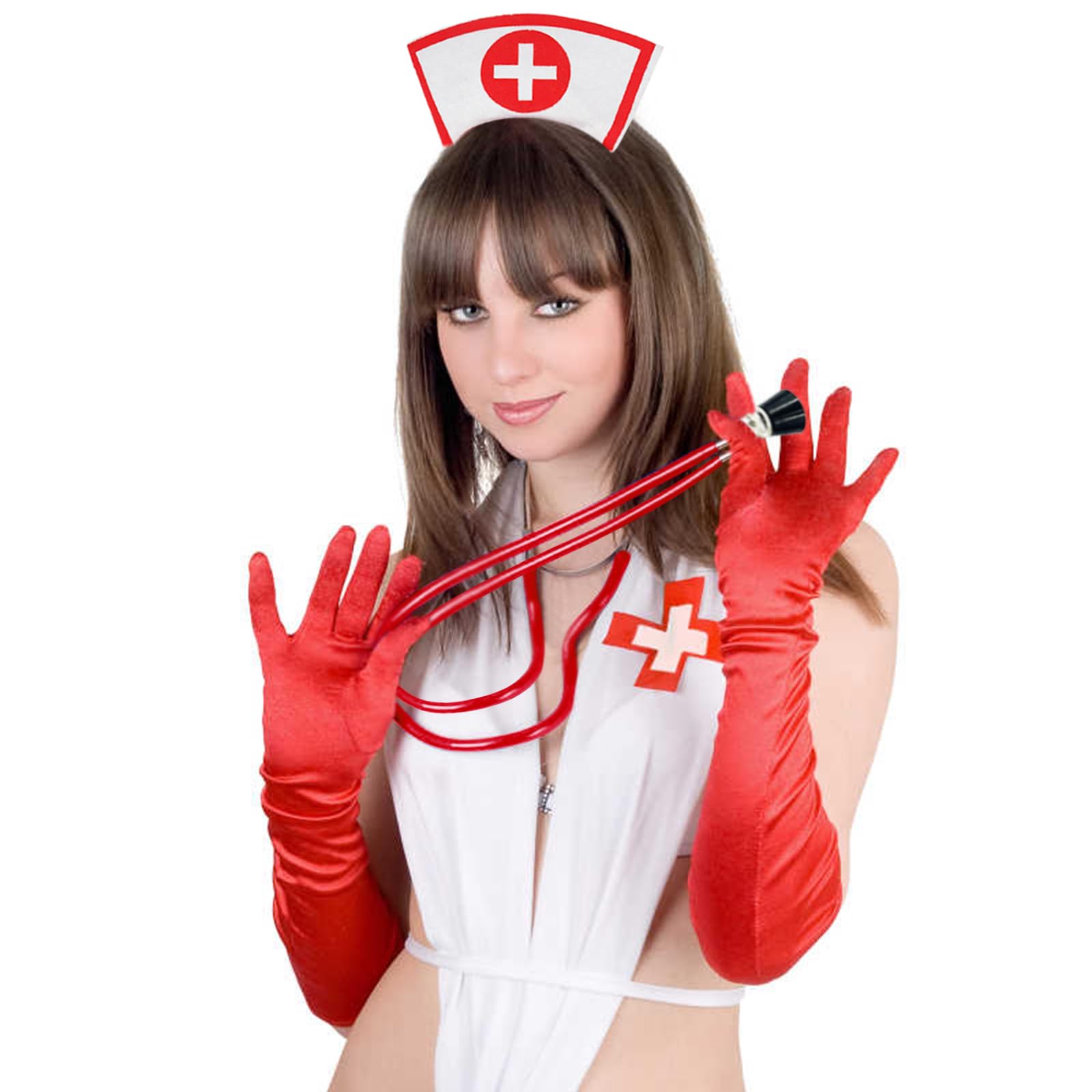 TINAYAUE Halloween Nurse Costume Accessories Ladies Nurse Headband Stethoscope Red/White Long Gloves Set for Women Fancy Dress Decor Hospital Themed Party Cosplay Nurse Dressing Up Props - Image 4