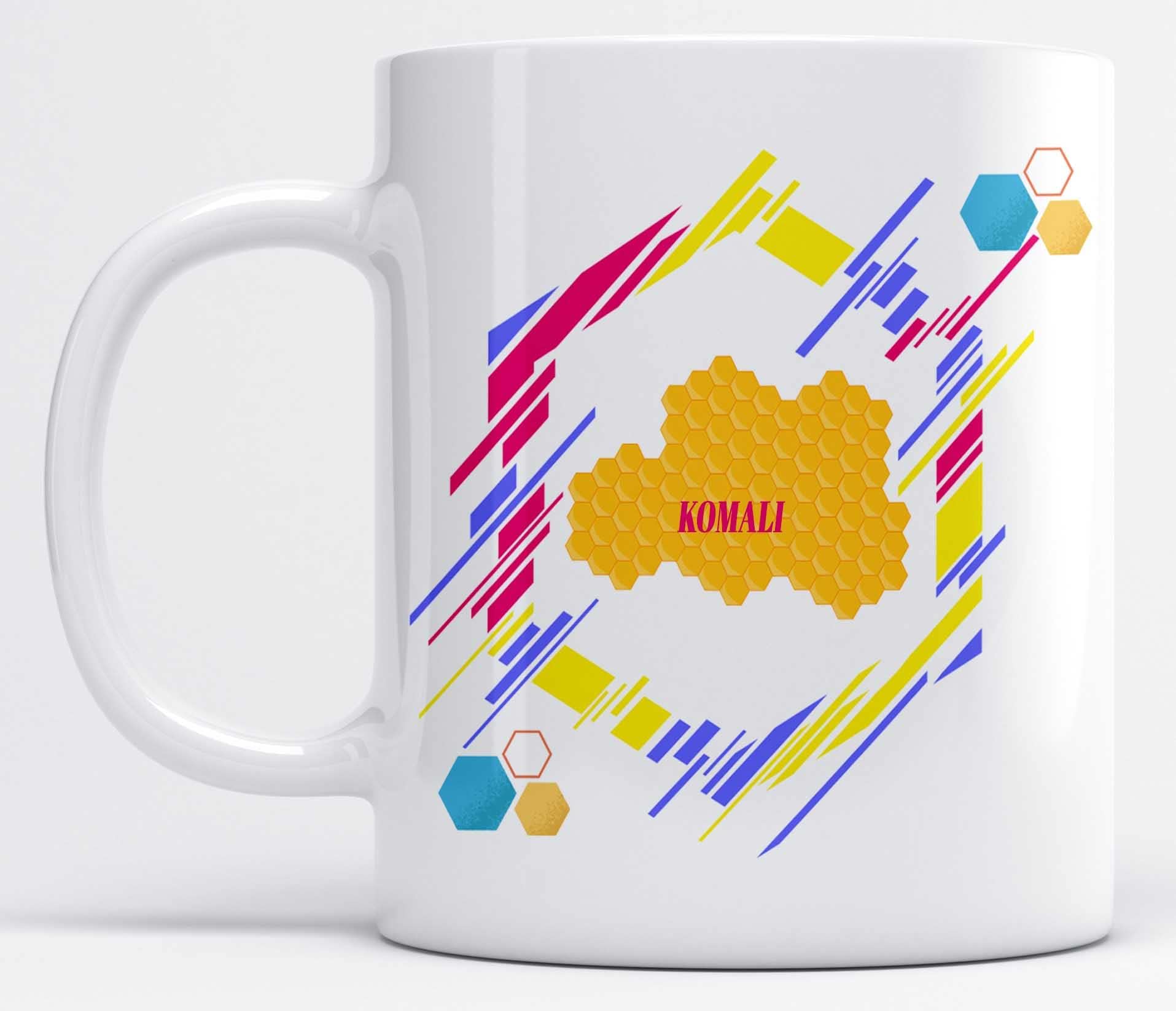 LOROFY Name KOMALI Printed Multicolour Honeycomb Design Ceramic Coffee Mug (350ML)