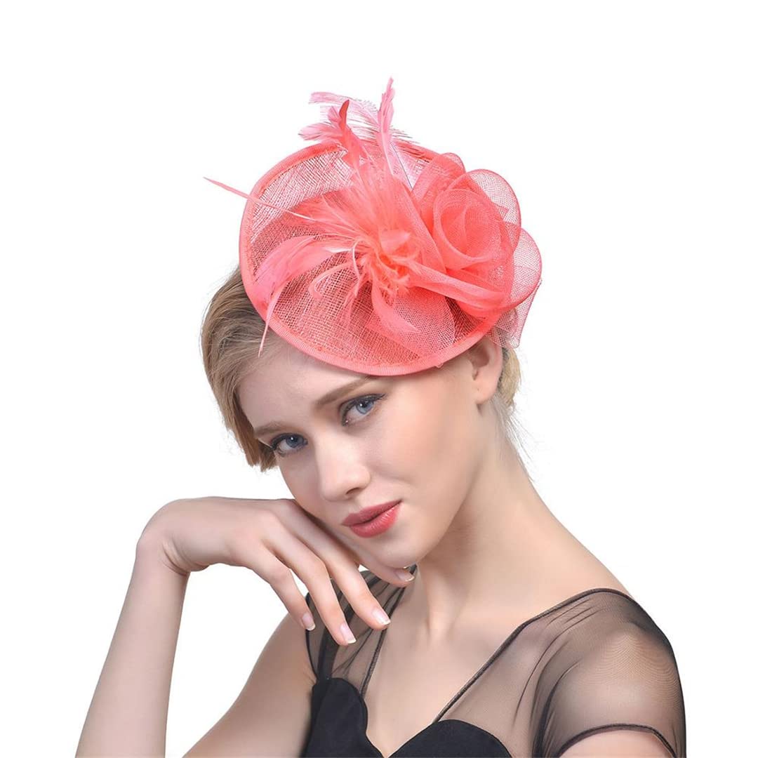 FBHappiness Fascinator Feathers Headpiece Cocktail Tea Party Headwear Flower Mesh Headwear Hair Clip For Wedding,Feather Flower Hair Clip(Coral)