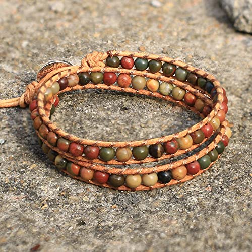 Image of KELITCH Natural Agate Onyx 2 Wrap Bracelets Handmade Leather Strand Bracelets Fashion Jewelry
