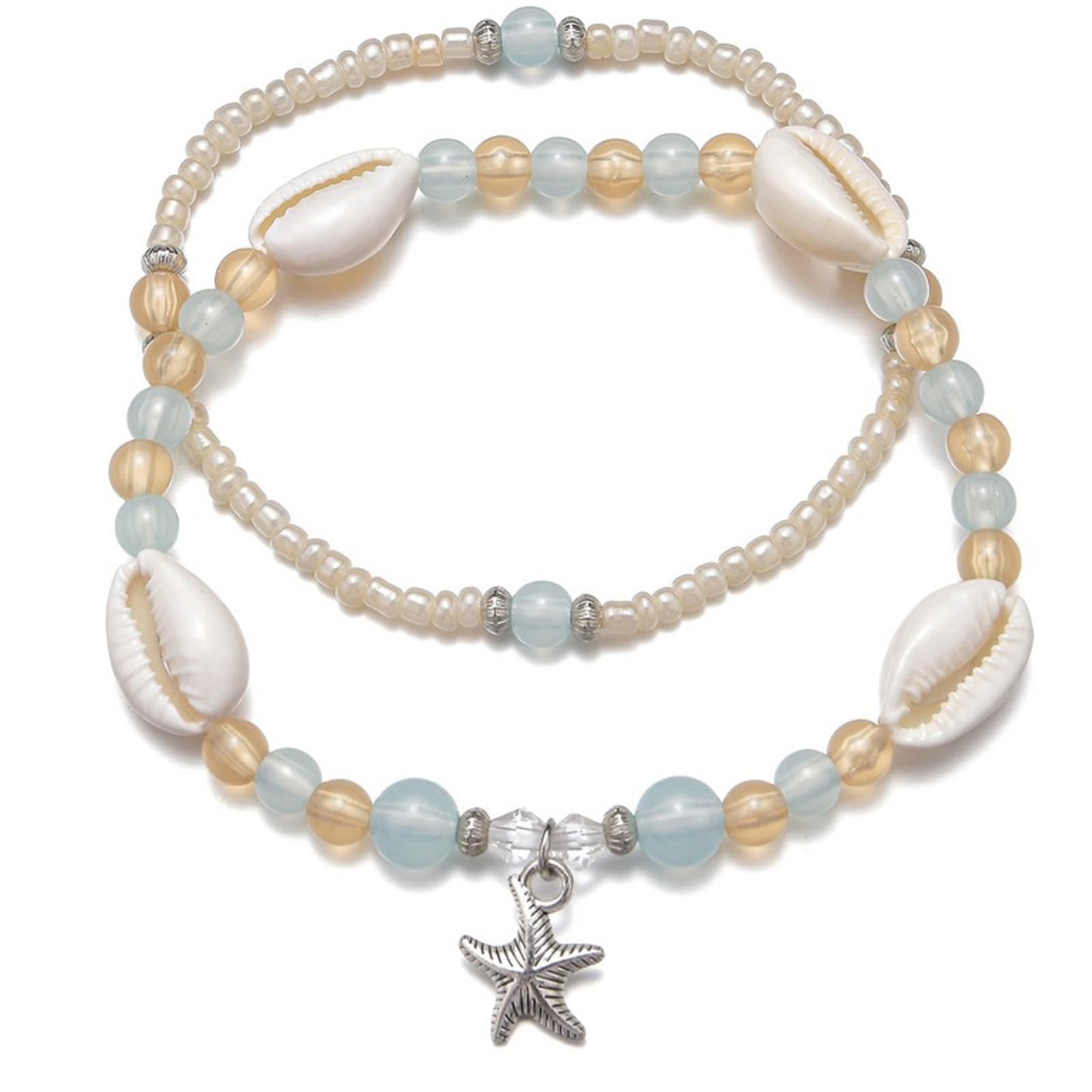Starfish Jewellery, 2 Pcs Ocean Style Anklets for Women, Alloy Starfish Pendant Anklets with Shell, Jelly Beads & Rice Beads, Adjustable Beach Ankle Bracelets-image-10