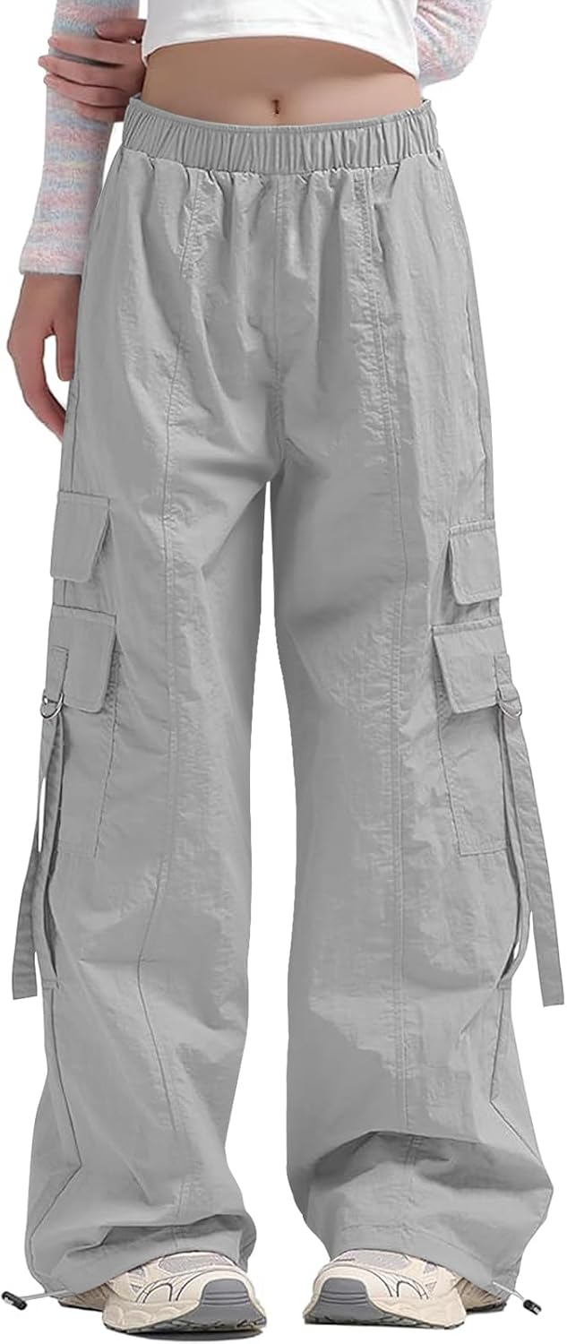 Haloumoning Girls Parachute Pants Kids Wide Leg Cargo Pants Y2K Street Trousers with Pockets 5-14 Years
