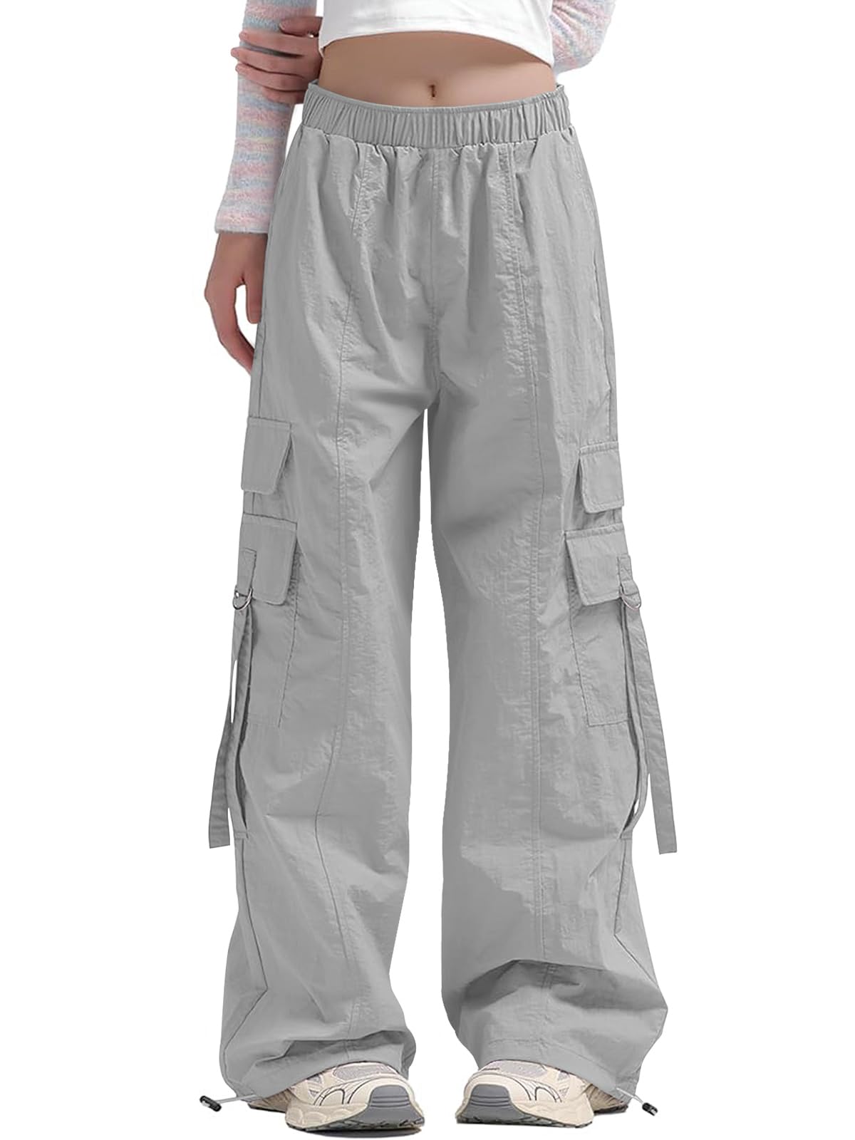 Haloumoning Girls Parachute Pants Kids Wide Leg Cargo Pants Y2K Street Trousers with Pockets 5-14 Years