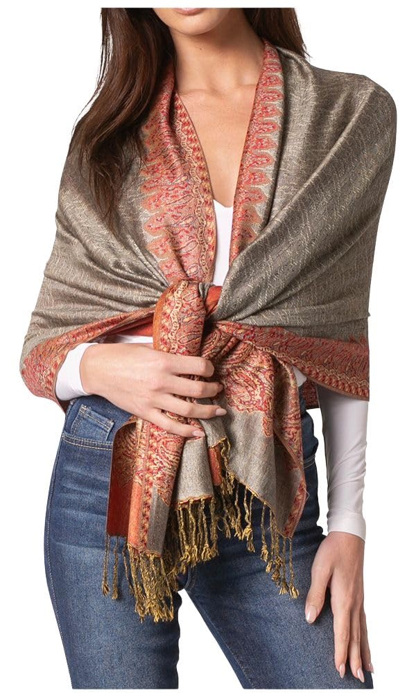Sakkas Women's Grey 70Inch X 28Inch Border Pattern Double Layer Woven Pashmina Feel Shawl / Wrap / Stole - Gray(Size: One Size)