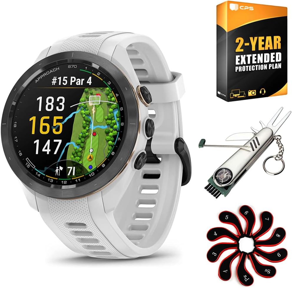 Garmin Approach S70 42 mm Premium GPS Golf Watch, Black Band (010-02746-02) | Official USA Partner Model | Bundle with 2 YR CPS Protection Pack, Deco Gear 7-in-1 Golf Tool and Iron Head Covers Set