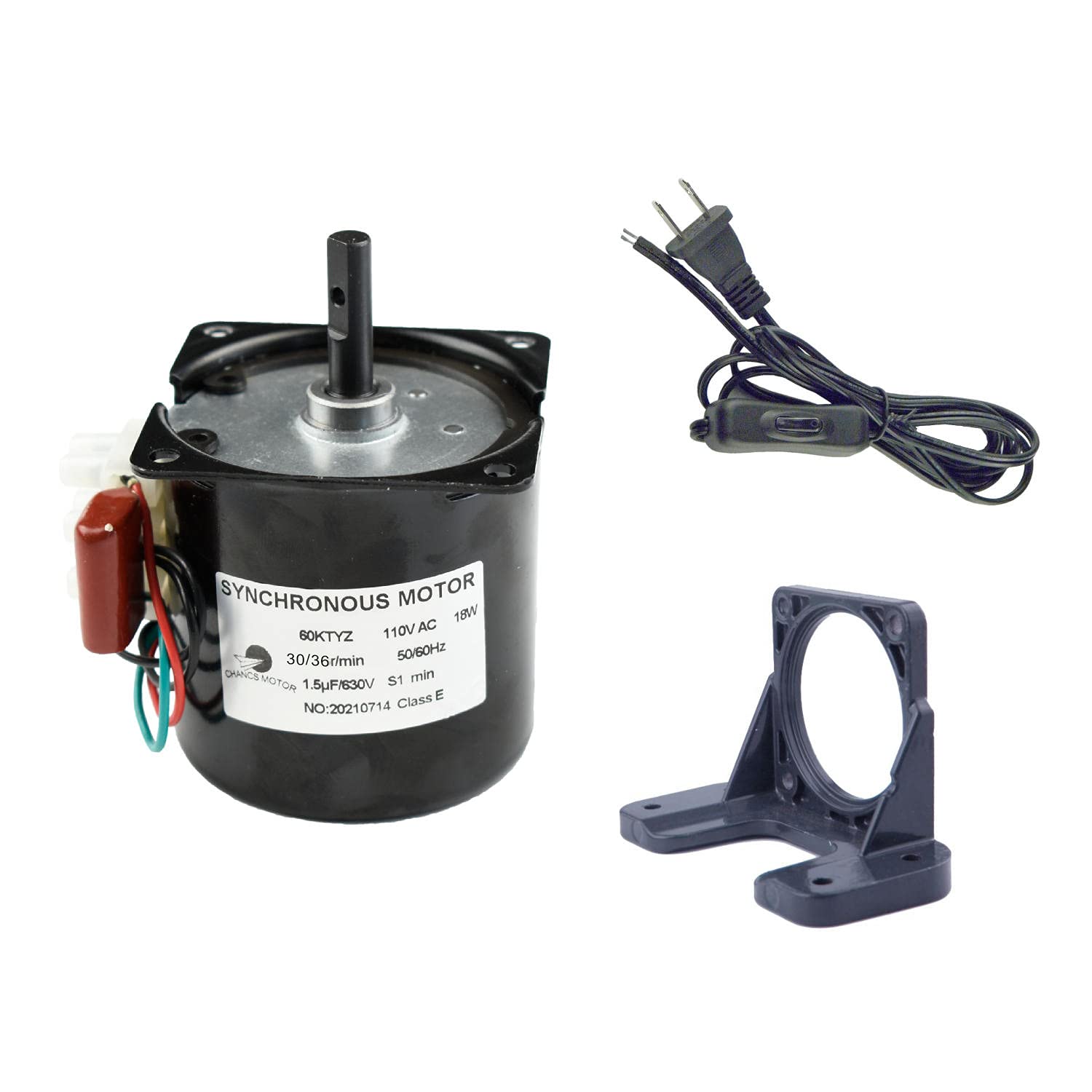 Synchronous Reduction Motor Reversible 60KTYZ 110V 30-36RPM CW/CCW Torque 6.5Kgf.cm with Fixed Bracket and Switch Plug Extension