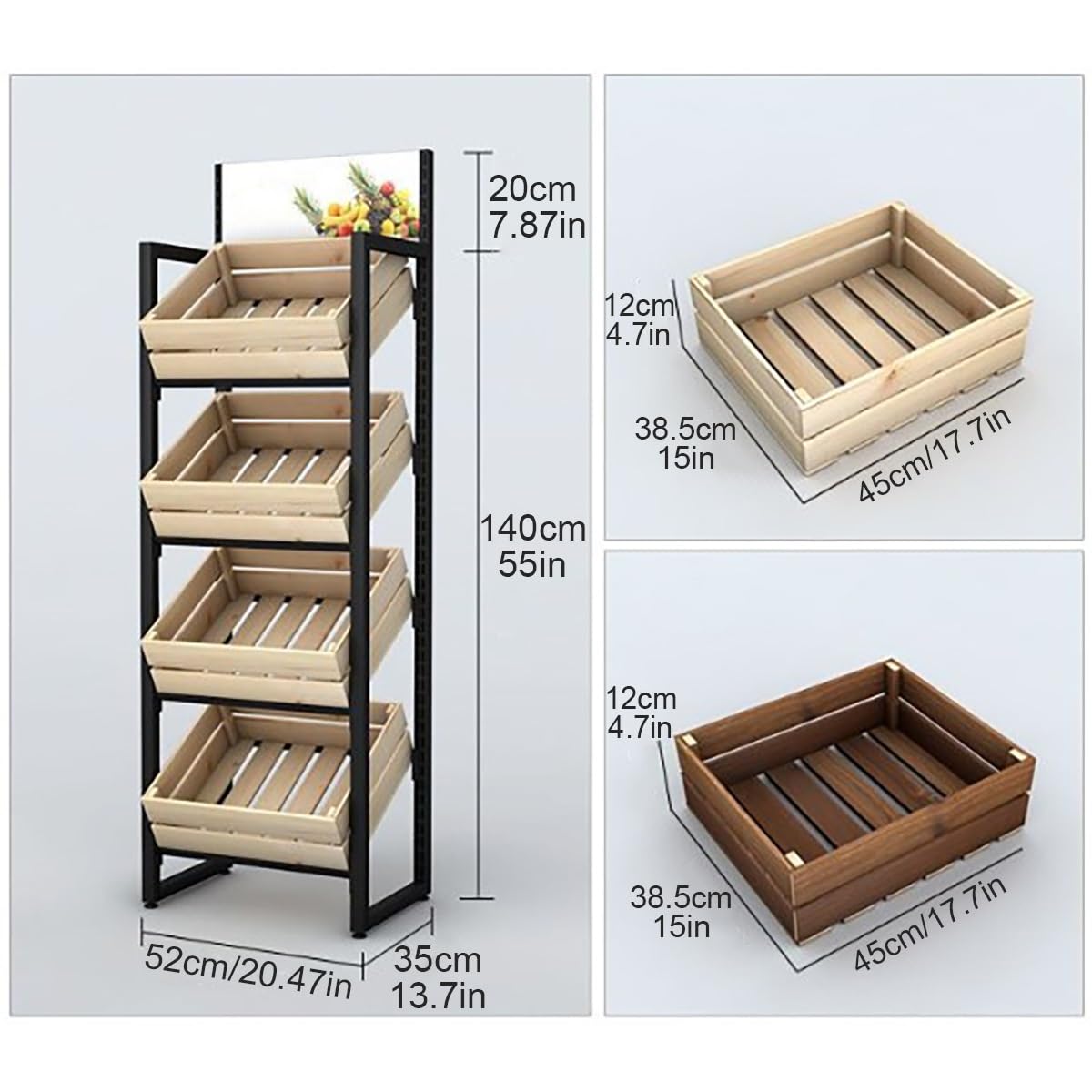 Étagère de Cuisine à 4 Niveaux pour Fruits et légumes, présentoir de Sol en Bois Massif pour oignons et Pommes de Terre, Grand Cadre de Rangement Multi-Niveaux