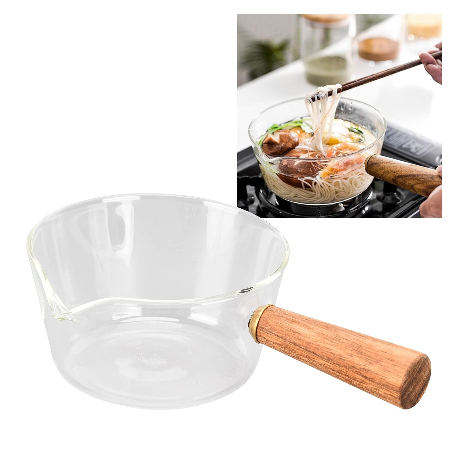Ejoyous Pentola, lattiera in vetro con manico in legno, casseruola, casseruola, pastaiola con beccuccio a V, salsiera per latte, zuppa, pasta, uova, riso (400 ml)