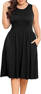 Womens Plus Size Dress 2024 Summer Round Neck Sleeveless Casual Empire Waist Loose Fit Swing Tank Dress with Pockets - Buy now