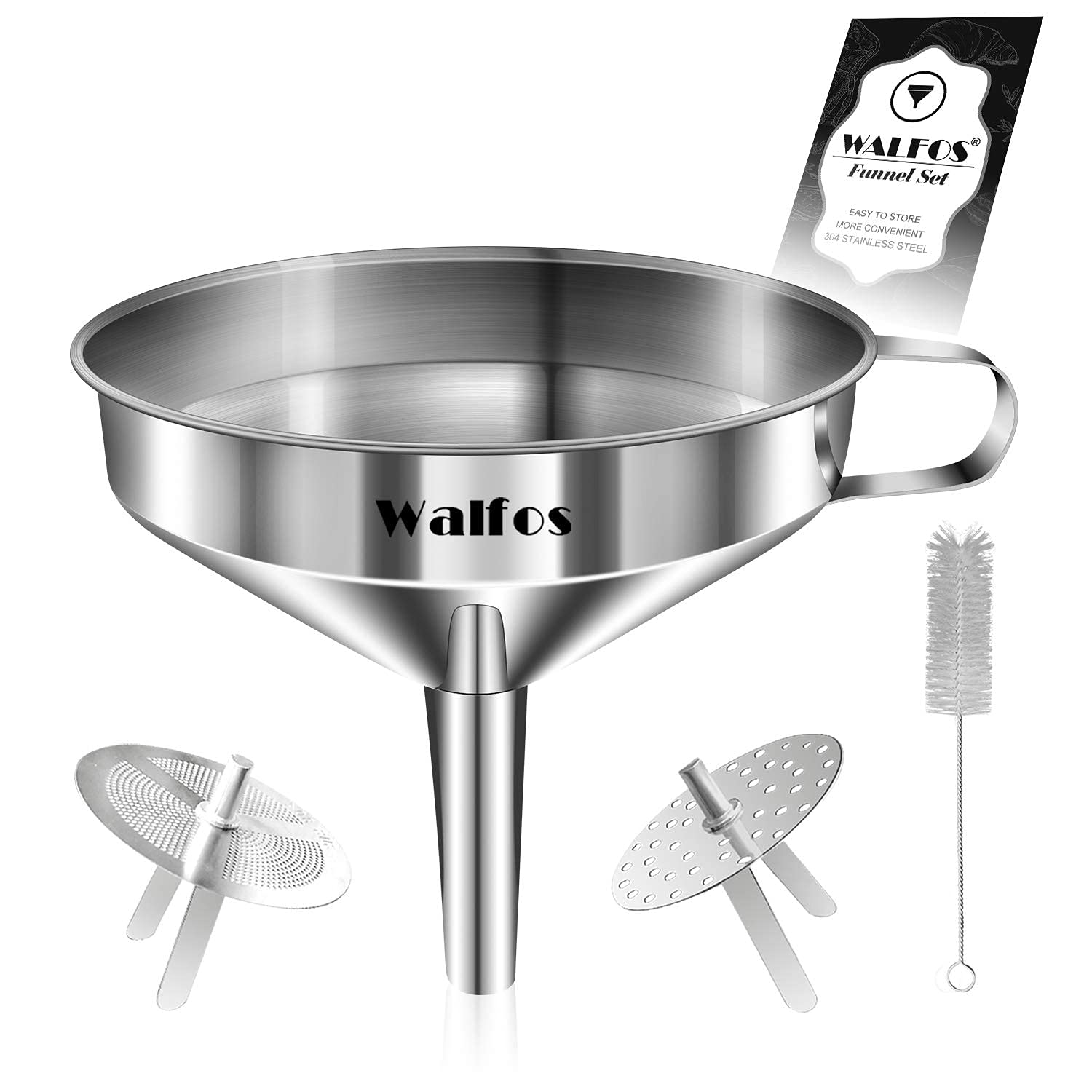 Stainless Steel Funnel, Walfos Kitchen Funnel with 2 Removable Strainer ＆ 1Pc
