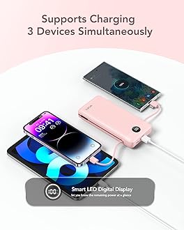 VRURC Portable Charger 20000mAh, Fast Charging Power Bank USB C,4 Output 2 Input Travel Essentials Charging Bank Equipped with LED Display,Built-in Wall Plug and Cables,Phone Charger Battery,Pink