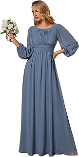 Women's Crewneck Long Lantern Sleeves Floor Length A-Line Pleated Chiffon Formal Dress 0106B