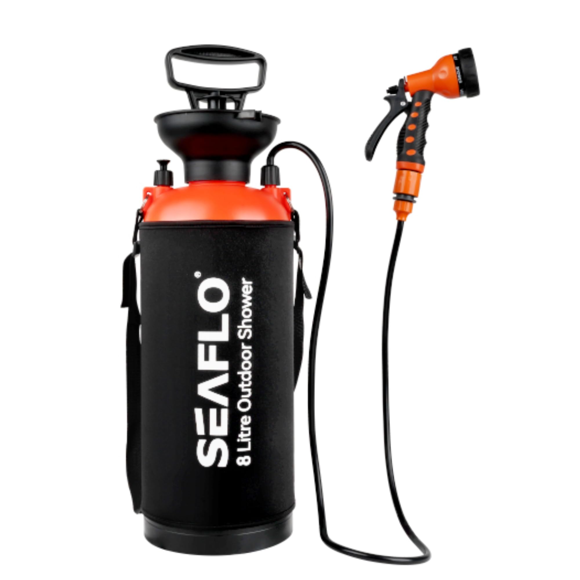 SEAFLO Douche de camping portable de 8 litres - 7 modes de pulvérisation - Pommeau de douche à main haute pression - Sac d'isolation thermique pour plage, randonnée, chien, voiture, lavage de jardin